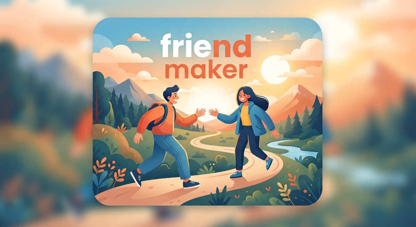 Illustration of two friends meeting on a sunlit trail through a green valley — the FriendMaker scene.